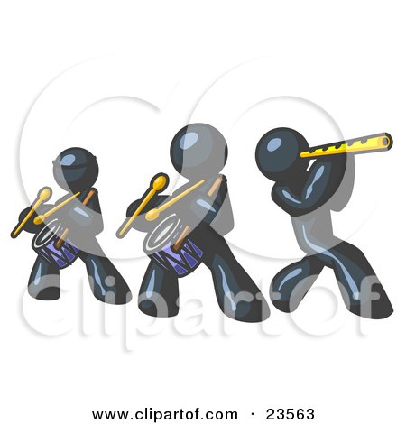 Clipart Illustration of Three Navy Blue Men Playing Flutes and Drums at a Music Concert by Leo Blanchette
