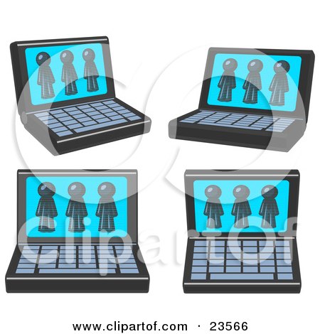 Clipart Illustration of Four Laptop Computers With Three Navy Blue Men on Each Screen by Leo Blanchette