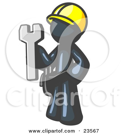 Clipart Illustration of a Proud Navy Blue Construction Worker Man in a Hardhat, Holding a Wrench Clipart Illustration by Leo Blanchette