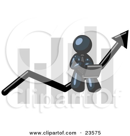 Clipart Illustration of a Navy Blue Man Conducting Business On A Laptop Computer On An Arrow Moving Upwards In Front Of A Bar Graph, Symbolizing Success by Leo Blanchette