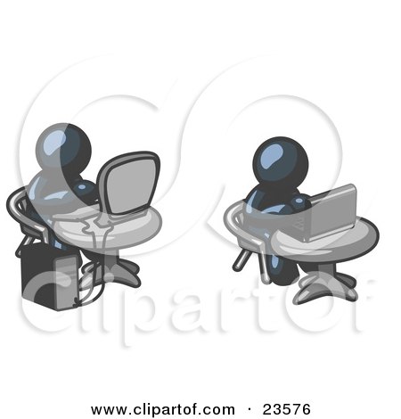 Clipart Illustration of Two Navy Blue Men, Employees, Working on Computers in an Office, One Using a Desktop, the Other Using a Laptop by Leo Blanchette