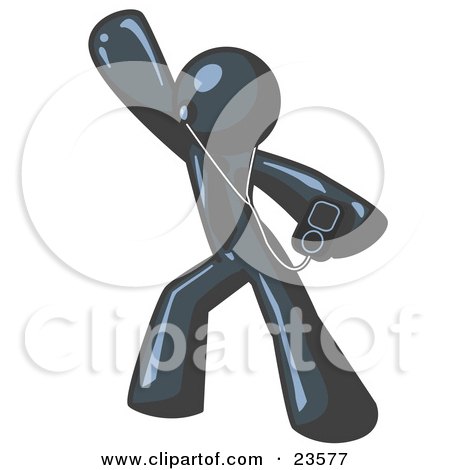 Clipart Illustration of a Navy Blue Man Dancing and Listening to Music With an MP3 Player  by Leo Blanchette
