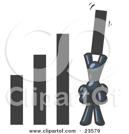 Clipart Illustration of a Navy Blue Man on Another Man's Shoulders, Holding up a Bar in a Graph by Leo Blanchette