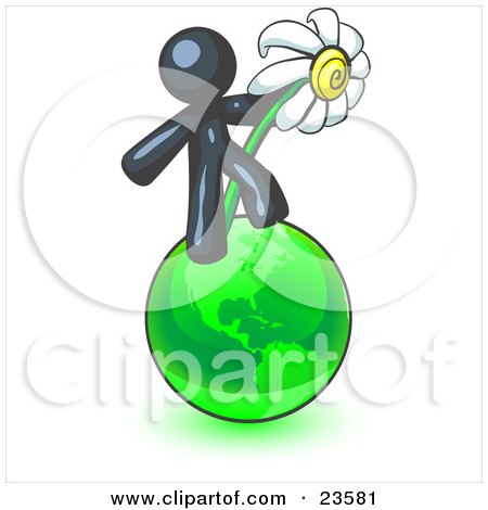 Clipart Illustration of a Navy Blue Man Standing On The Green Planet Earth And Holding A White Daisy, Symbolizing Organics And Going Green For A Healthy Environment by Leo Blanchette