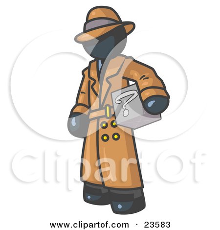 Clipart Illustration of a Secretive Navy Blue Man in a Trench Coat and Hat, Carrying a Box With a Question Mark on it by Leo Blanchette