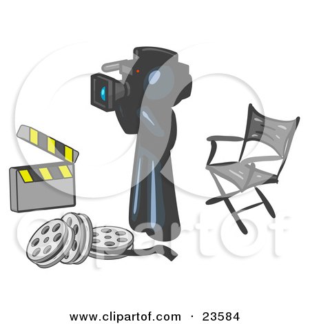 Clipart Illustration of a Navy Blue Man Filming a Movie Scene With a Video Camera in a Studio by Leo Blanchette