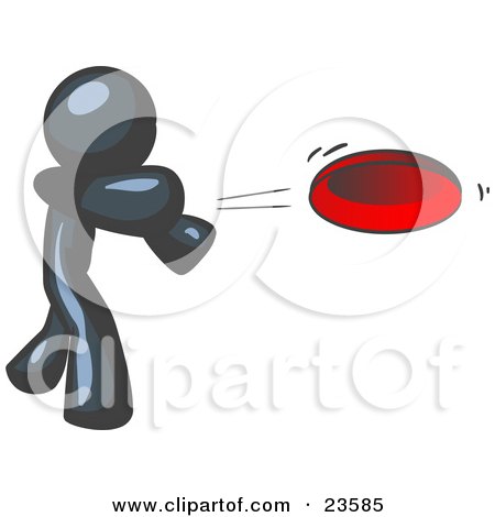 Clipart Illustration of a Navy Blue Man Tossing A Red Flying Disc Through The Air For Someone To Catch by Leo Blanchette