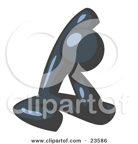 Clipart Illustration of a Navy Blue Man Sitting On A Gym Floor And Stretching His Arm Up And Behind His Head by Leo Blanchette