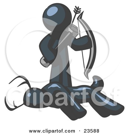 Clipart Illustration of a Navy Blue Man, A Hunter, Holding A Bow And Arrow Over A Dead Buck Deer by Leo Blanchette