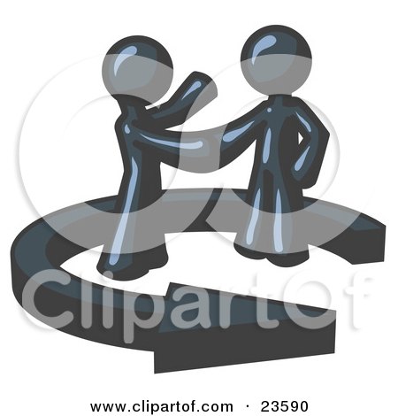 Clipart Illustration of a Navy Blue Salesman Shaking Hands With a Client While Making a Deal by Leo Blanchette