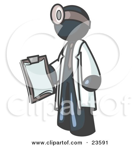 Clipart Illustration of a Navy Blue Male Doctor Holding a Clipboard And Wearing a Head Lamp by Leo Blanchette