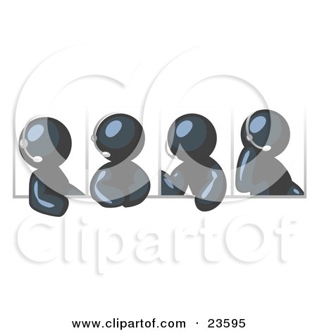 Clipart Illustration of Four Different Navy Blue Men Wearing Headsets And Having A Discussion During A Phone Meeting by Leo Blanchette