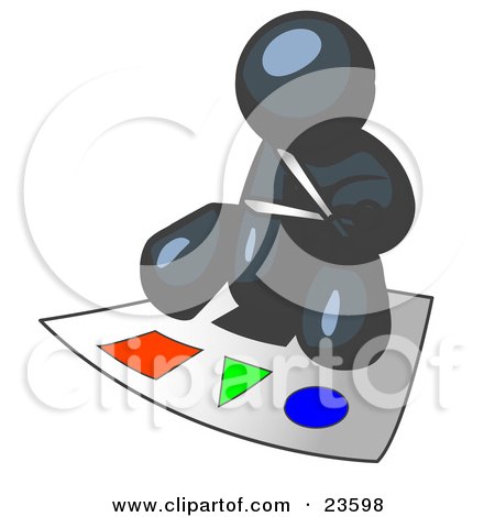 Clipart Illustration of a Navy Blue Man Holding A Pair Of Scissors And Sitting On A Large Poster Board With Colorful Shapes by Leo Blanchette
