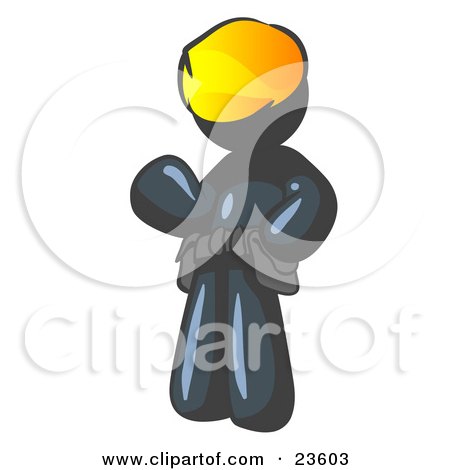 Clipart Illustration of a Friendly Navy Blue Construction Worker Or Handyman Wearing A Hardhat And Tool Belt And Waving by Leo Blanchette