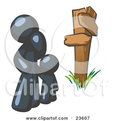 Clipart Illustration of an Uncertain Navy Blue Man And Child Standing At A Wooden Post, Trying To Decide Which Direction To Go At A Crossroads by Leo Blanchette