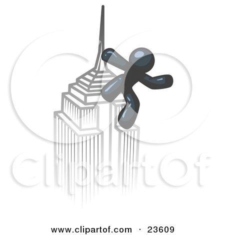 Clipart Illustration of a Navy Blue Man Climbing to the Top of a Skyscraper Tower Like King Kong, Success, Achievement by Leo Blanchette