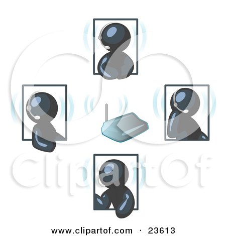 Clipart Illustration of Navy Blue Men Holding A Phone Meeting And Wearing Wireless Headsets by Leo Blanchette