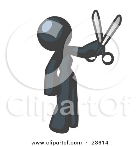 Clipart Illustration of a Navy Blue Woman Standing And Holing Up A Pair Of Scissors by Leo Blanchette