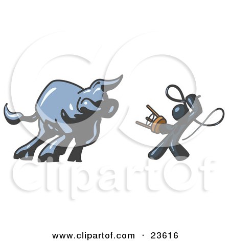 Clipart Illustration of a Navy Blue Man Holding a Stool and Whip While Taming a Bull, Bull Market by Leo Blanchette