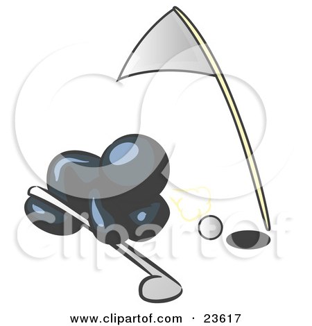 Clipart Illustration of a Navy Blue Man Down On The Ground, Trying To Blow A Golf Ball Into The Hole by Leo Blanchette