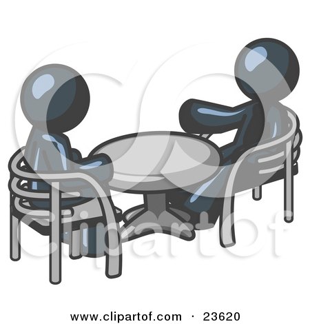 Clipart Illustration of Two Navy Blue Business Men Sitting Across From Eachother at a Table During a Meeting by Leo Blanchette