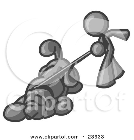 Clipart Illustration of a Gray Man Walking a Dog That is Pulling on a Leash by Leo Blanchette