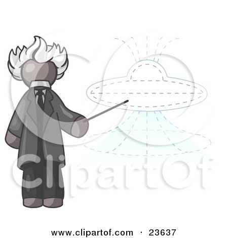 Clipart Illustration of a Gray Einstein Man Pointing a Stick at a Presentation of a Flying Saucer by Leo Blanchette