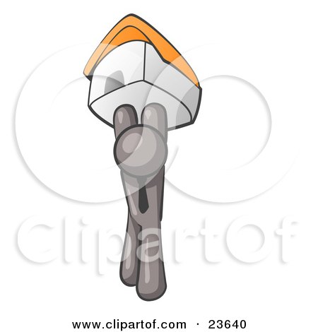 Clipart Illustration of a Gray Man Holding Up A House Over His Head, Symbolizing Home Loans and Realty by Leo Blanchette