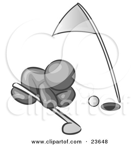 Clipart Illustration of a Gray Man Down On The Ground, Trying To Blow A Golf Ball Into The Hole by Leo Blanchette