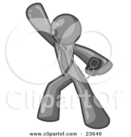 Clipart Illustration of a Gray Man Dancing and Listening to Music With an MP3 Player  by Leo Blanchette