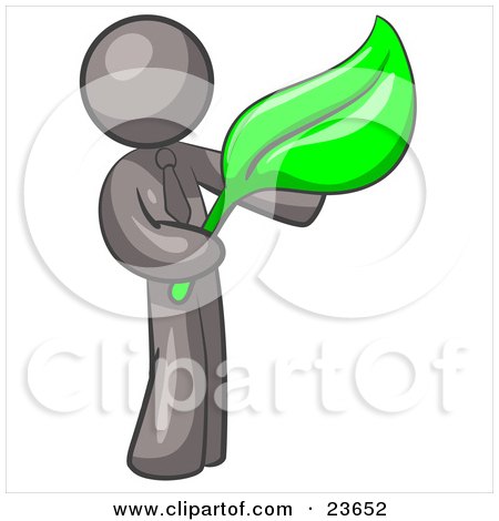 Clipart Illustration of a Gray Man Holding A Green Leaf, Symbolizing Gardening, Landscaping Or Organic Products by Leo Blanchette