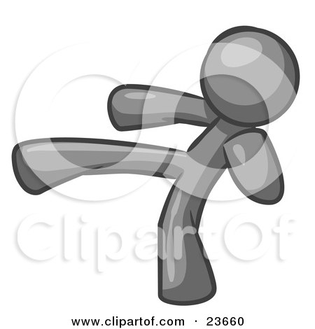 Clipart Illustration of a Gray Man Kicking, Perhaps While Kickboxing by Leo Blanchette