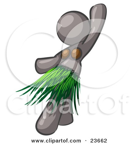 Clipart Illustration of a Gray Hula Dancer Woman In A Grass Skirt And Coconut Shells, Performing At A Luau by Leo Blanchette