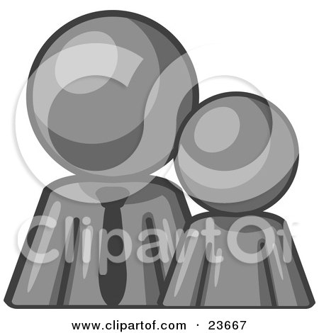 Clipart Illustration of a Gray Child Or Employee Standing Beside A Bigger Blue Businessman, Symbolizing Management, Parenting Or Mentorship by Leo Blanchette