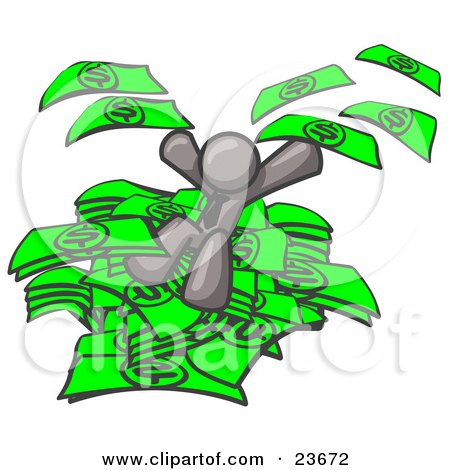 Clipart Illustration of a Gray Business Man Jumping in a Pile of Money and Throwing Cash Into the Air by Leo Blanchette