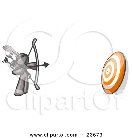Clipart Illustration of a Gray Man Aiming a Bow and Arrow at a Target During Archery Practice by Leo Blanchette