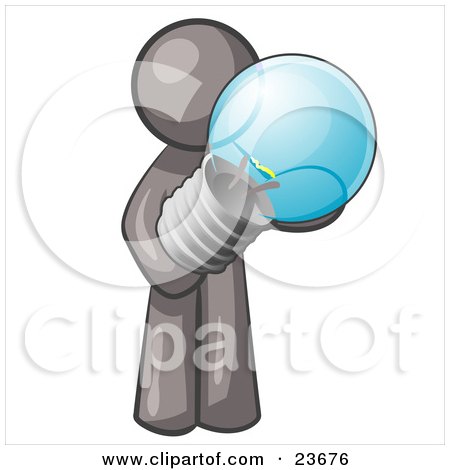 Clipart Illustration of a Gray Man Holding A Glass Electric Lightbulb, Symbolizing Utilities Or Ideas by Leo Blanchette