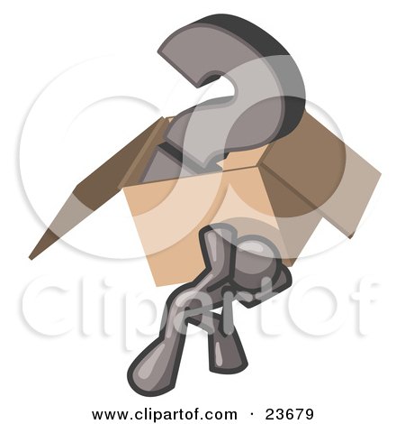 Clipart Illustration of a Gray Man Carrying a Heavy Question Mark in a Box by Leo Blanchette