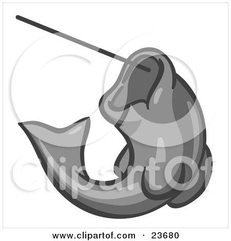 Clipart Illustration of a Gray Fish Jumping Up And Biting A Hook On A Fishing Line by Leo Blanchette