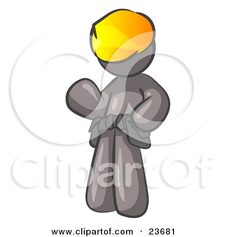 Clipart Illustration of a Friendly Gray Construction Worker Or Handyman Wearing A Hardhat And Tool Belt And Waving by Leo Blanchette