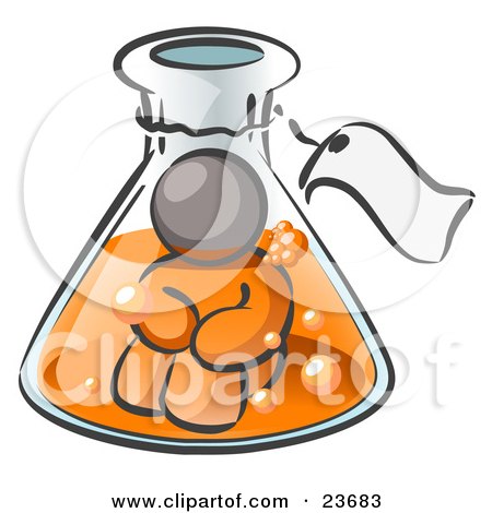 Clipart Illustration of a Gray Man Trapped Inside A Bubbly Potion In A Laboratory Beaker With A Tag Around The Bottle by Leo Blanchette