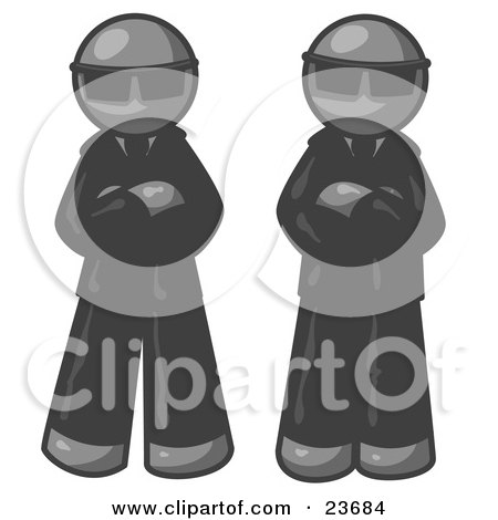 Clipart Illustration of Two Gray Men Standing With Their Arms Crossed, Wearing Sunglasses and Black Suits by Leo Blanchette