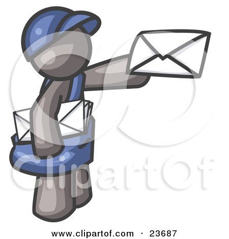 Clipart Illustration of a Gray Mail Man Delivering a Letter by Leo Blanchette