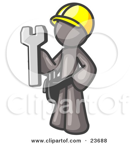 Clipart Illustration of a Proud Gray Construction Worker Man in a Hardhat, Holding a Wrench Clipart Illustration by Leo Blanchette