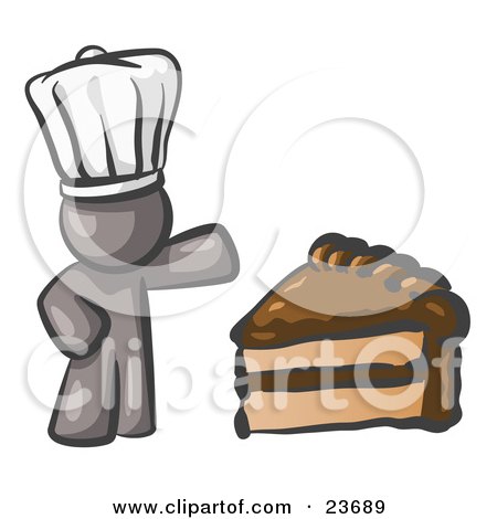 Clipart Illustration of a Gray Chef Man Wearing A White Hat And Presenting A Tasty Slice Of Chocolate Frosted Cake by Leo Blanchette