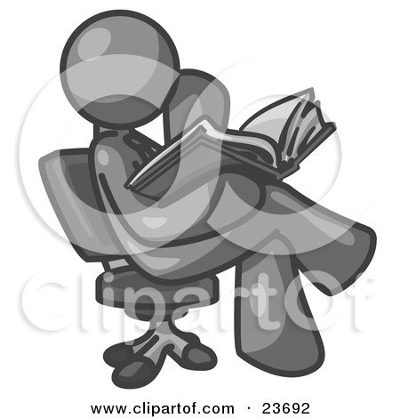 Clipart Illustration of a Gray Man Sitting Cross Legged in a Chair and Reading a Book by Leo Blanchette