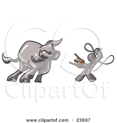 Clipart Illustration of a Gray Man Holding a Stool and Whip While Taming a Bull, Bull Market by Leo Blanchette