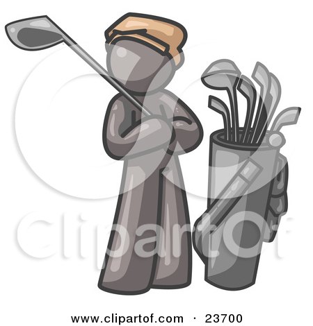 Clipart Illustration of a Gray Man Standing by His Golf Clubs by Leo Blanchette