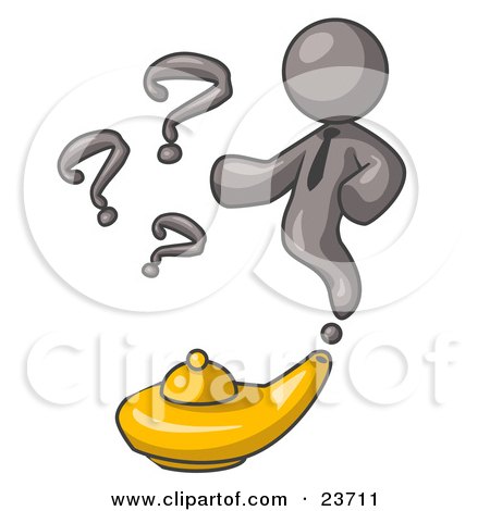 Clipart Illustration of a Gray Genie Man Emerging From a Golden Lamp With Question Marks by Leo Blanchette