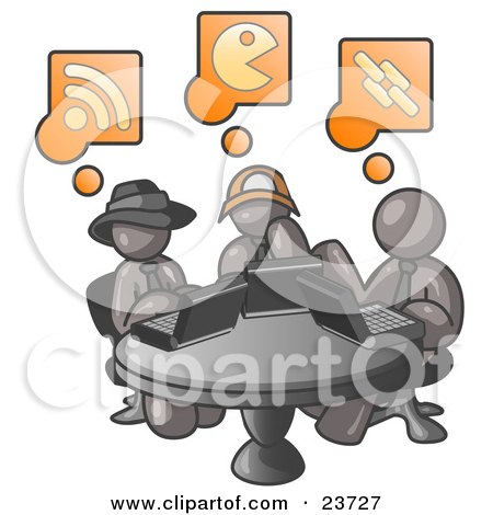 Clipart Illustration of Three Gray Men Using Laptops in an Internet Cafe by Leo Blanchette